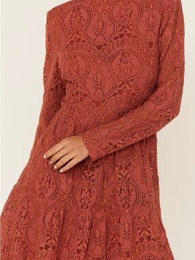 100% Cotton Molly Bracken Lace Long-Sleeve Mini Dress in Rust